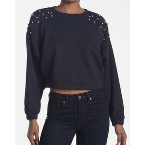14TH & UNION Faux Pearl Beaded Crew Neck Pullover Sweatshirt Navy Night Crop M